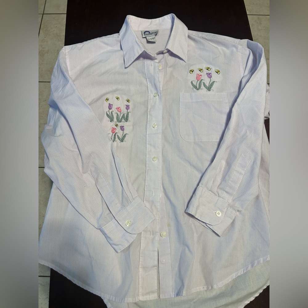 Rainbow vintage Women's Button Down Shirt - White with Floral Embroidery